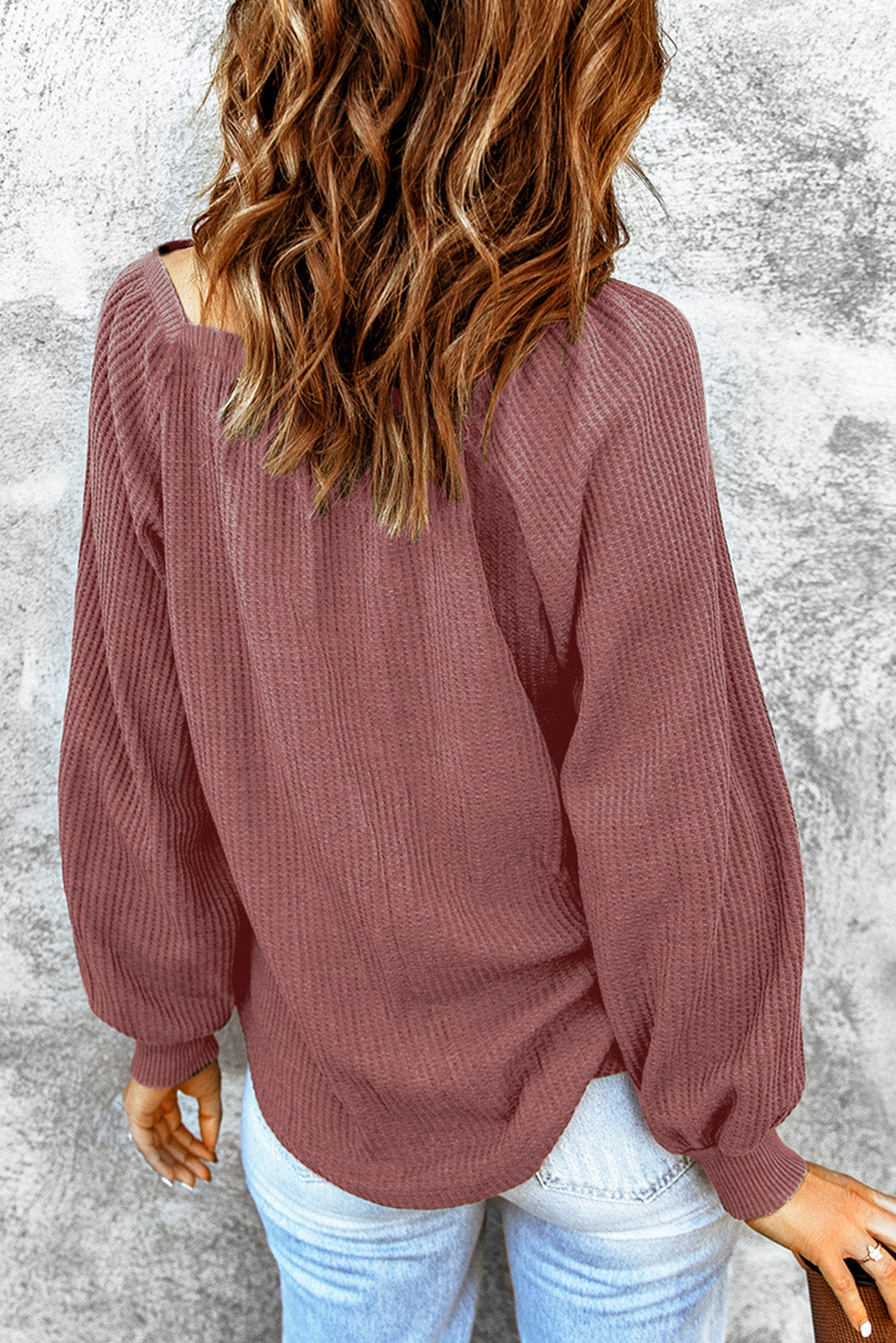 Waffle Texture Casual Square Neck Pullover Top