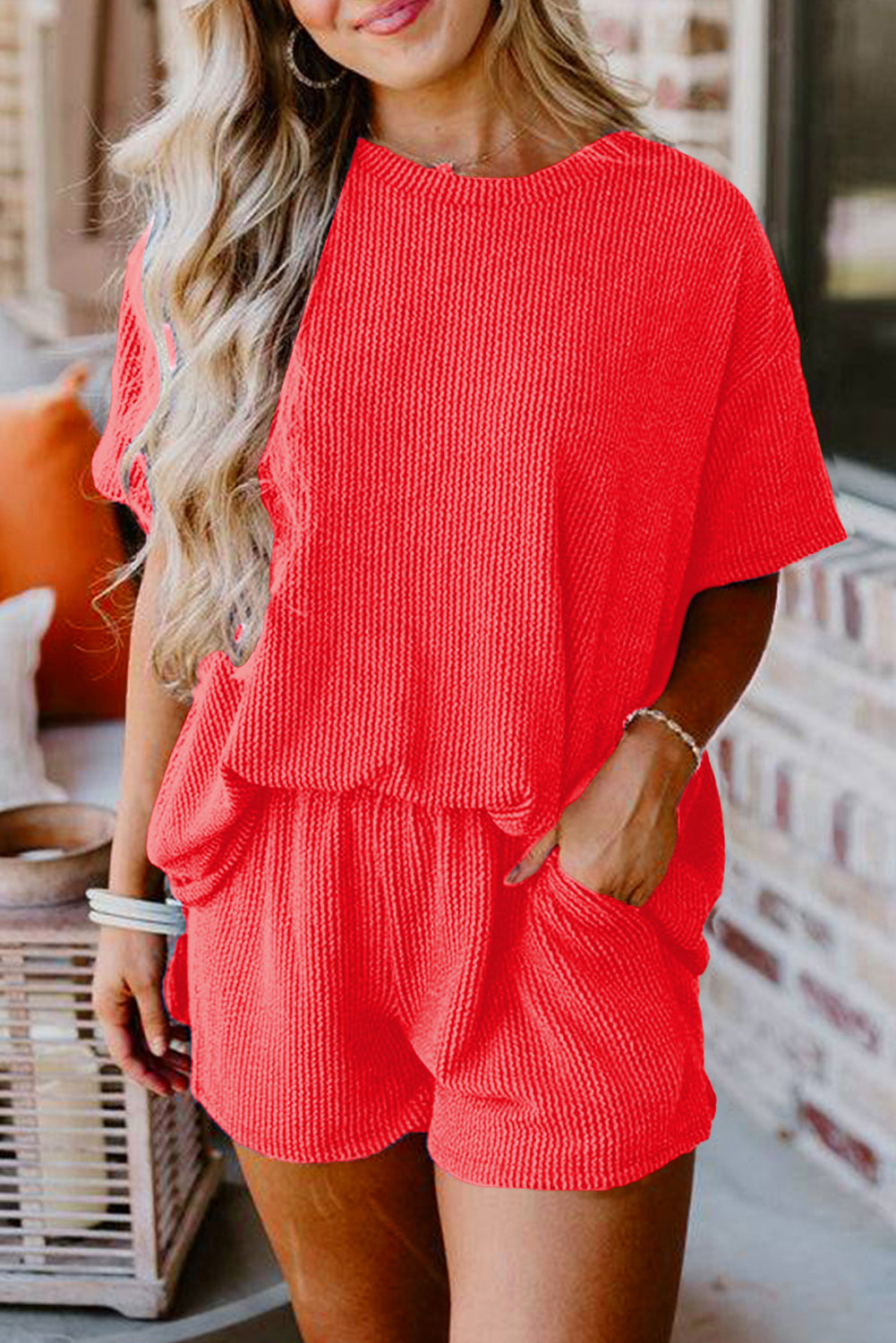 Orange Ribbed Textured Loose Fit Tee & Shorts Set