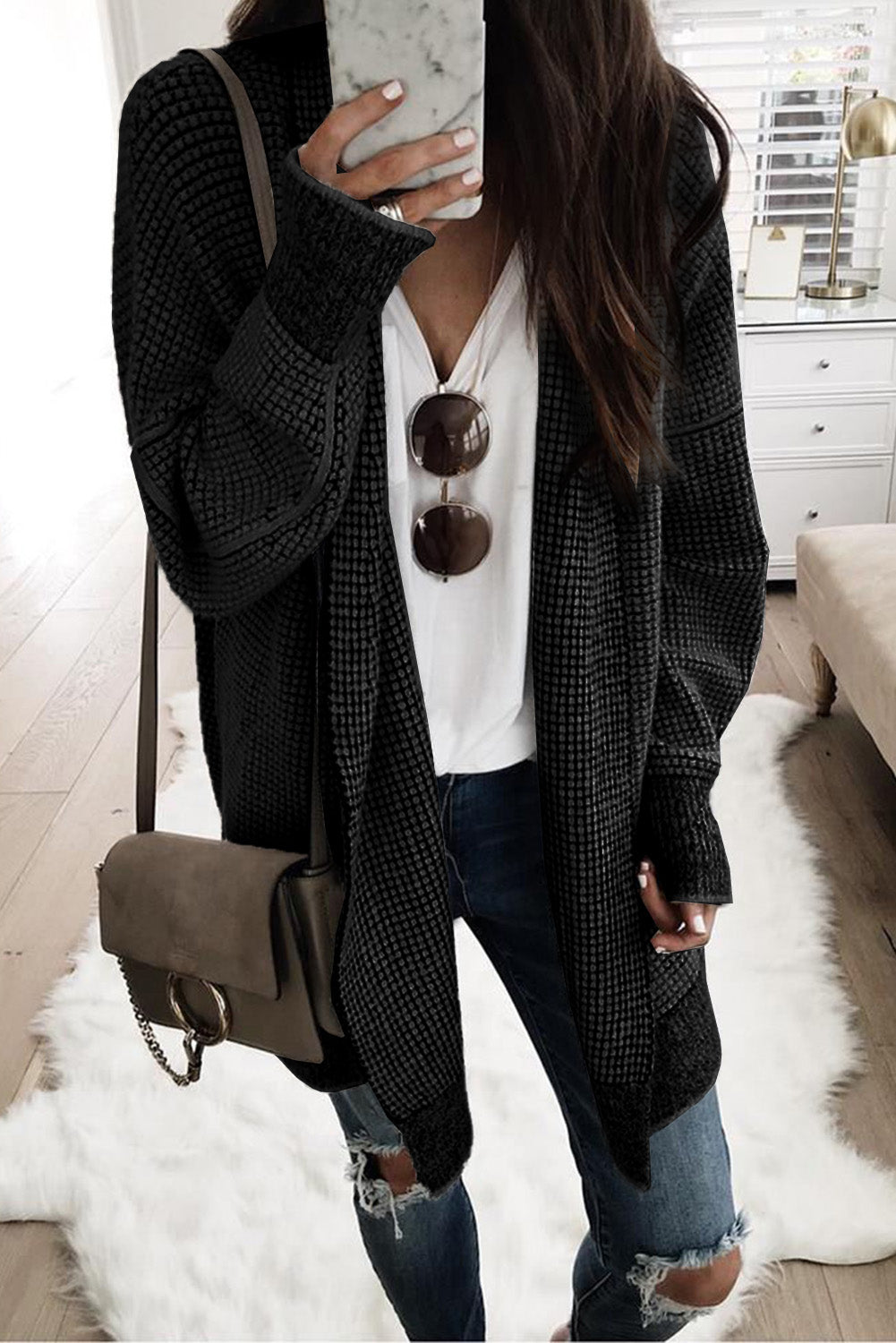 Pink Plaid Contrast Trim Casual Knit Long Cardigan