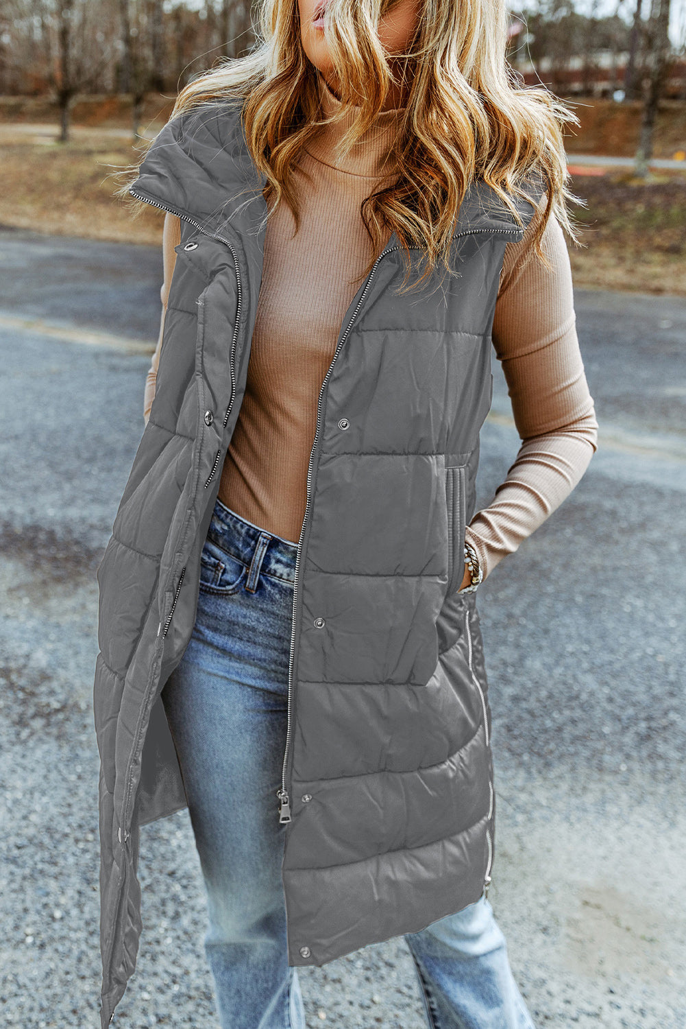 Black Hooded Pocketed Quilted Long Vest Coat