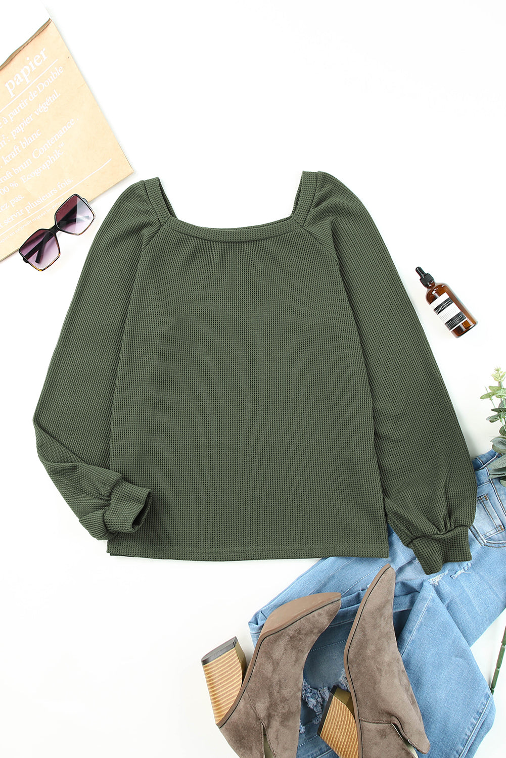 Waffle Texture Casual Square Neck Pullover Top