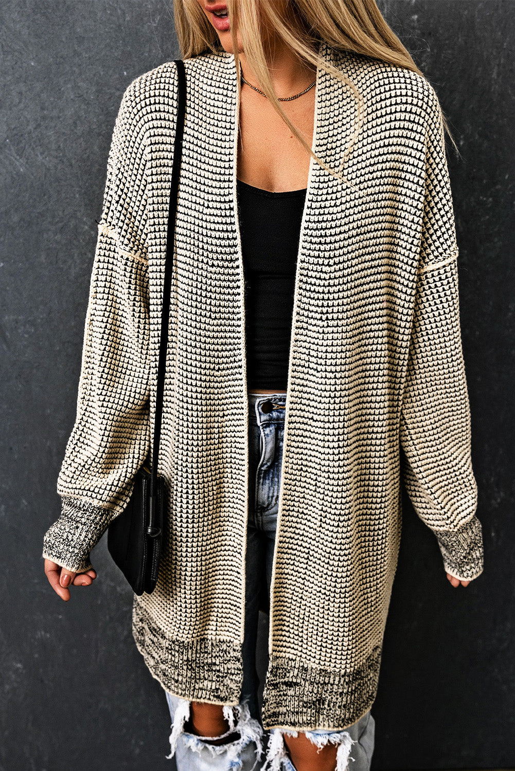 Pink Plaid Contrast Trim Casual Knit Long Cardigan