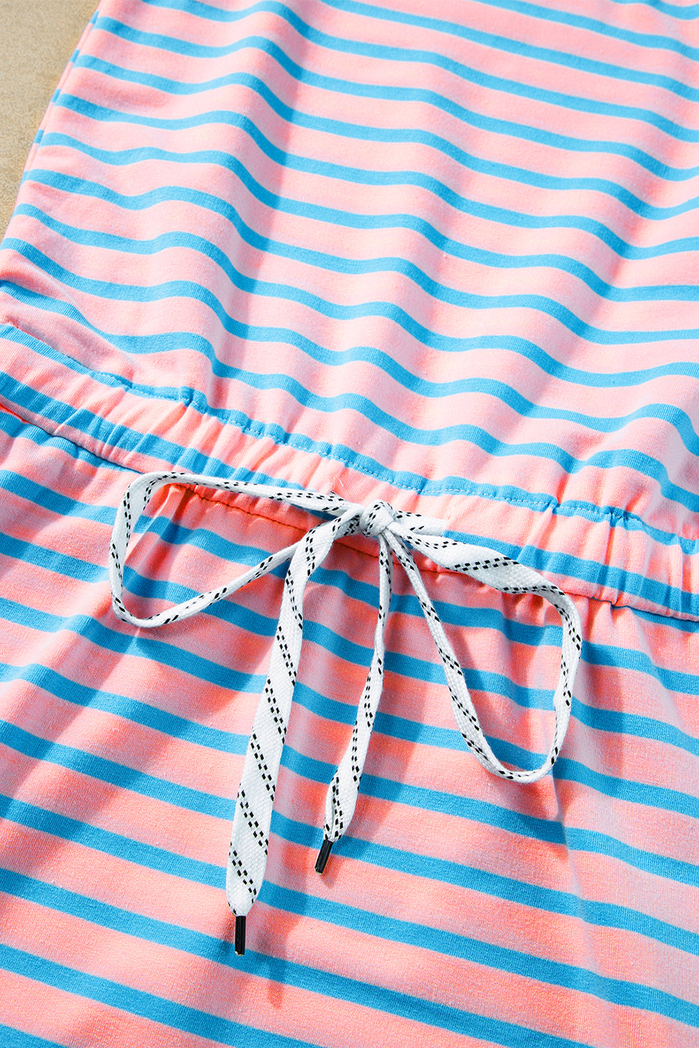 Pink Stripe Contrast Trim Pocket Drawstring Tank Dress