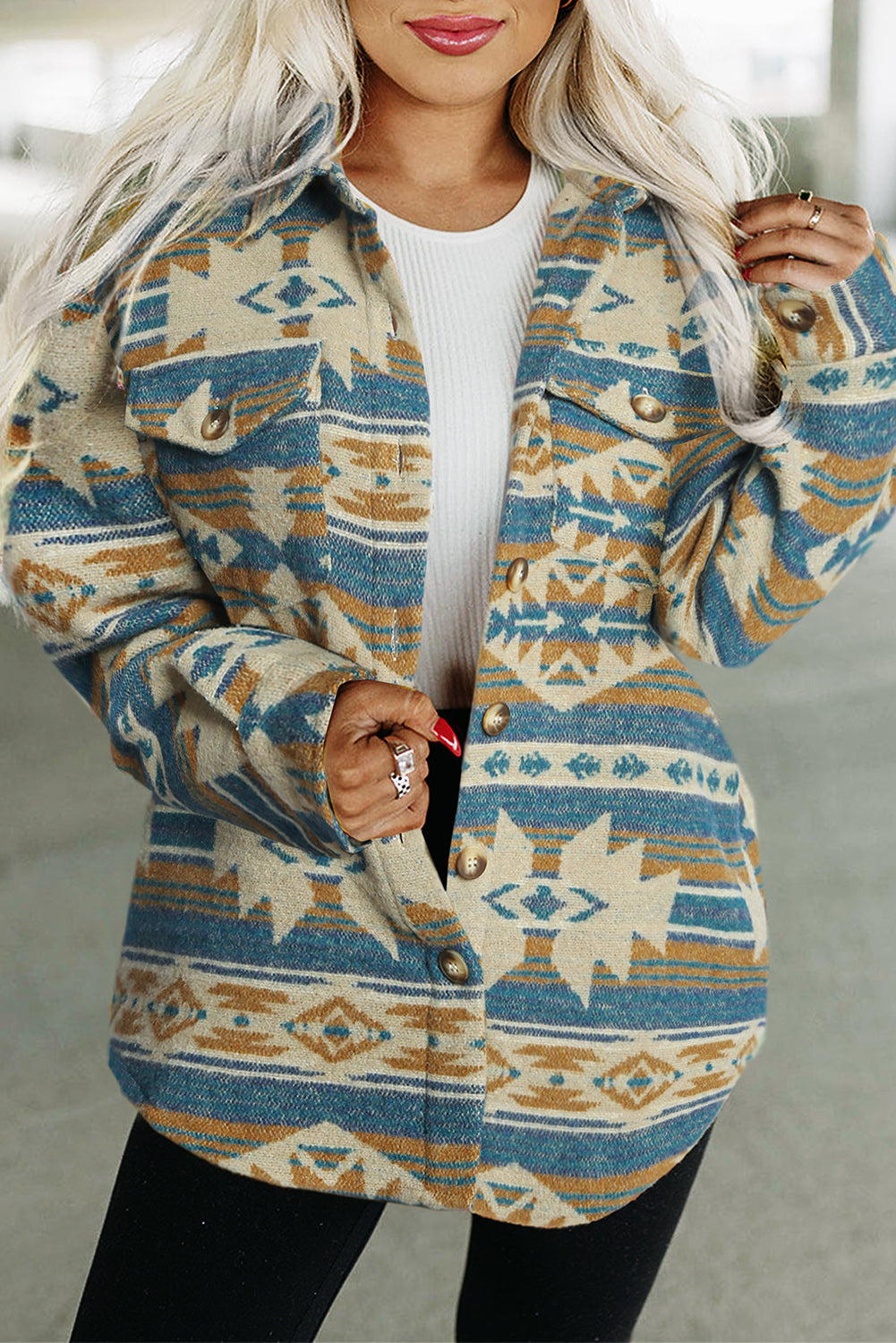 Multicolor Button Up Flap Pockets Aztec Jacket for Women