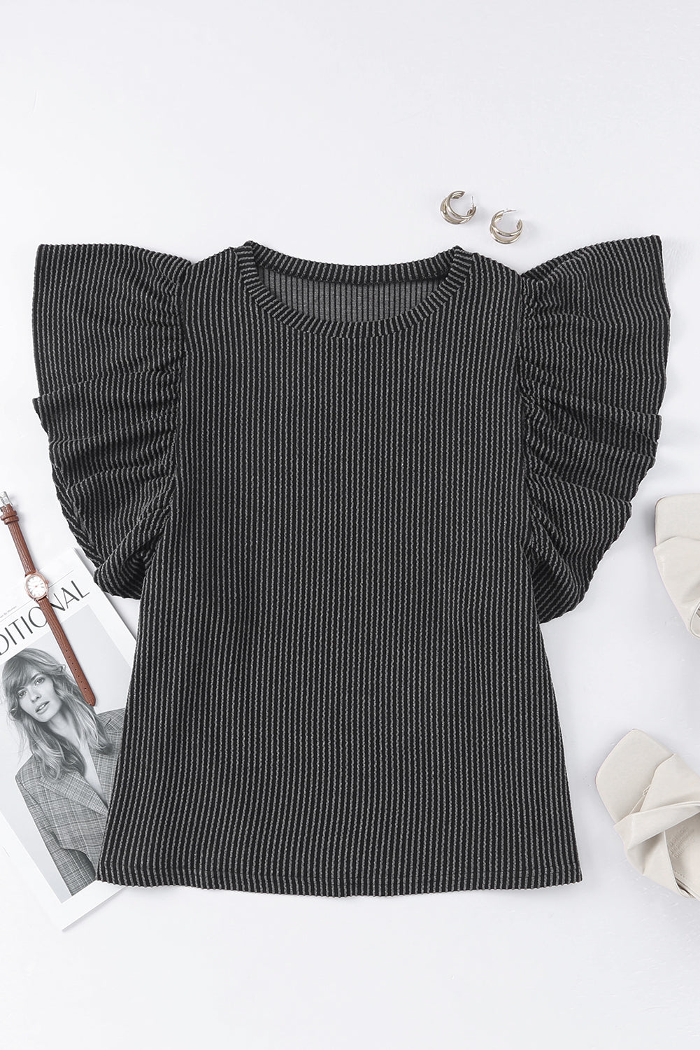 Casual Ruffle Sleeve Round Neck Top