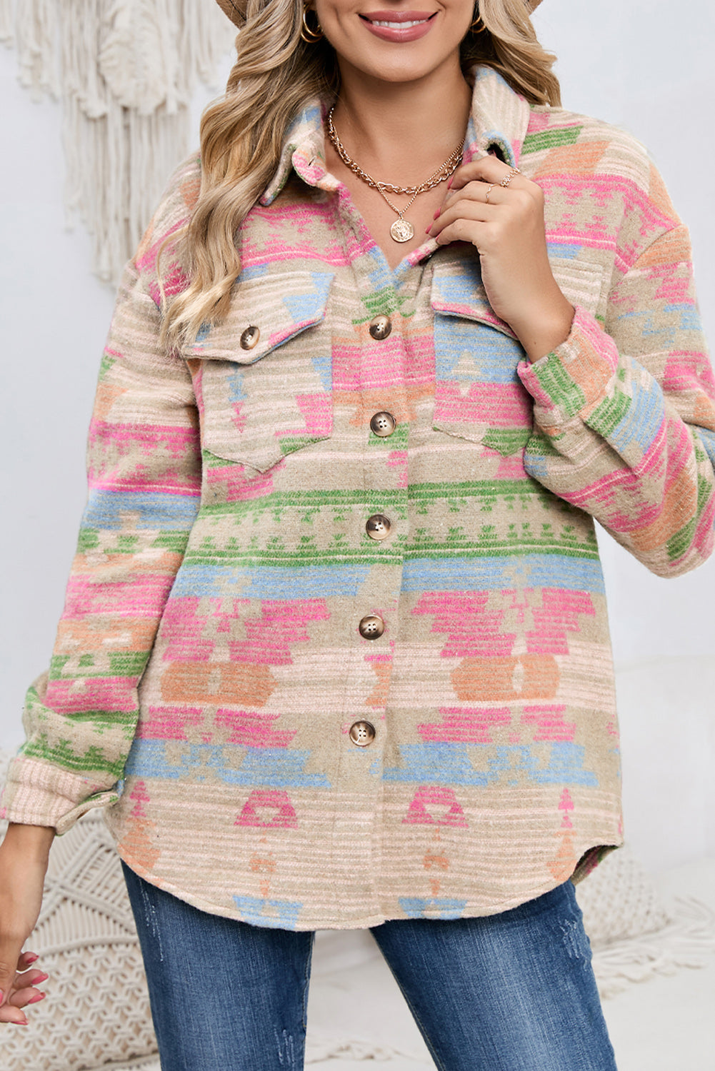 Multicolor Button Up Flap Pockets Aztec Jacket for Women