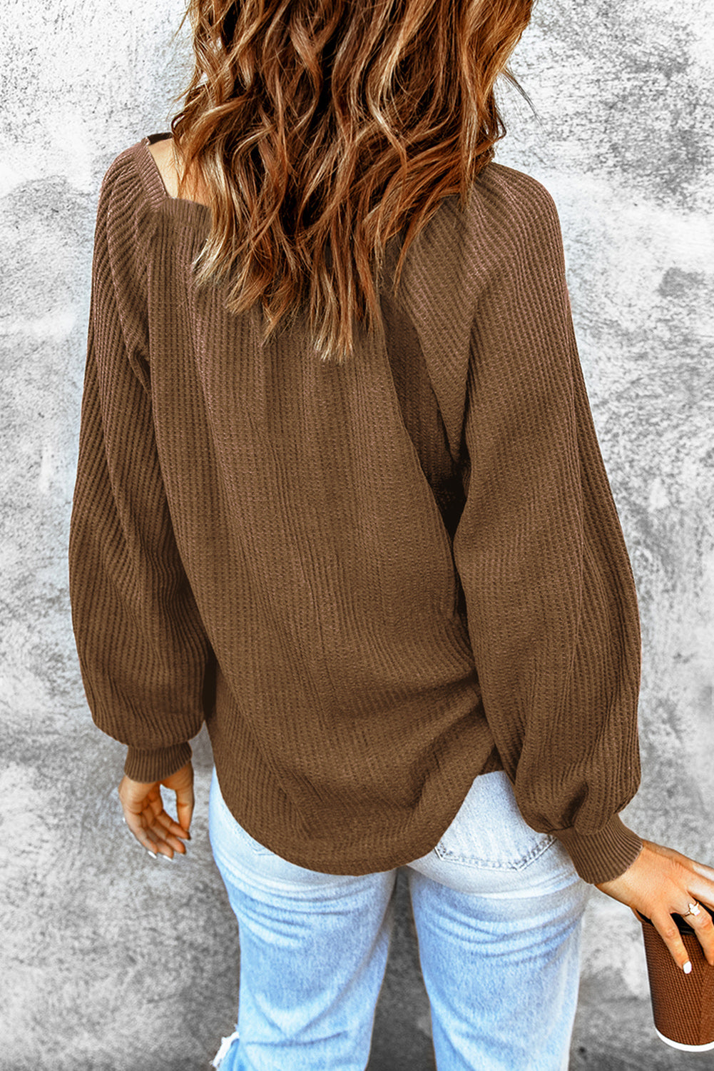 Waffle Texture Casual Square Neck Pullover Top