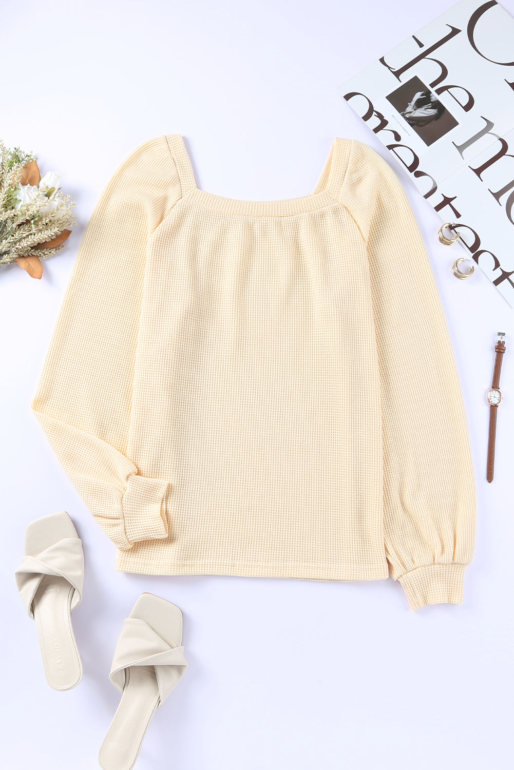 Waffle Texture Casual Square Neck Pullover Top