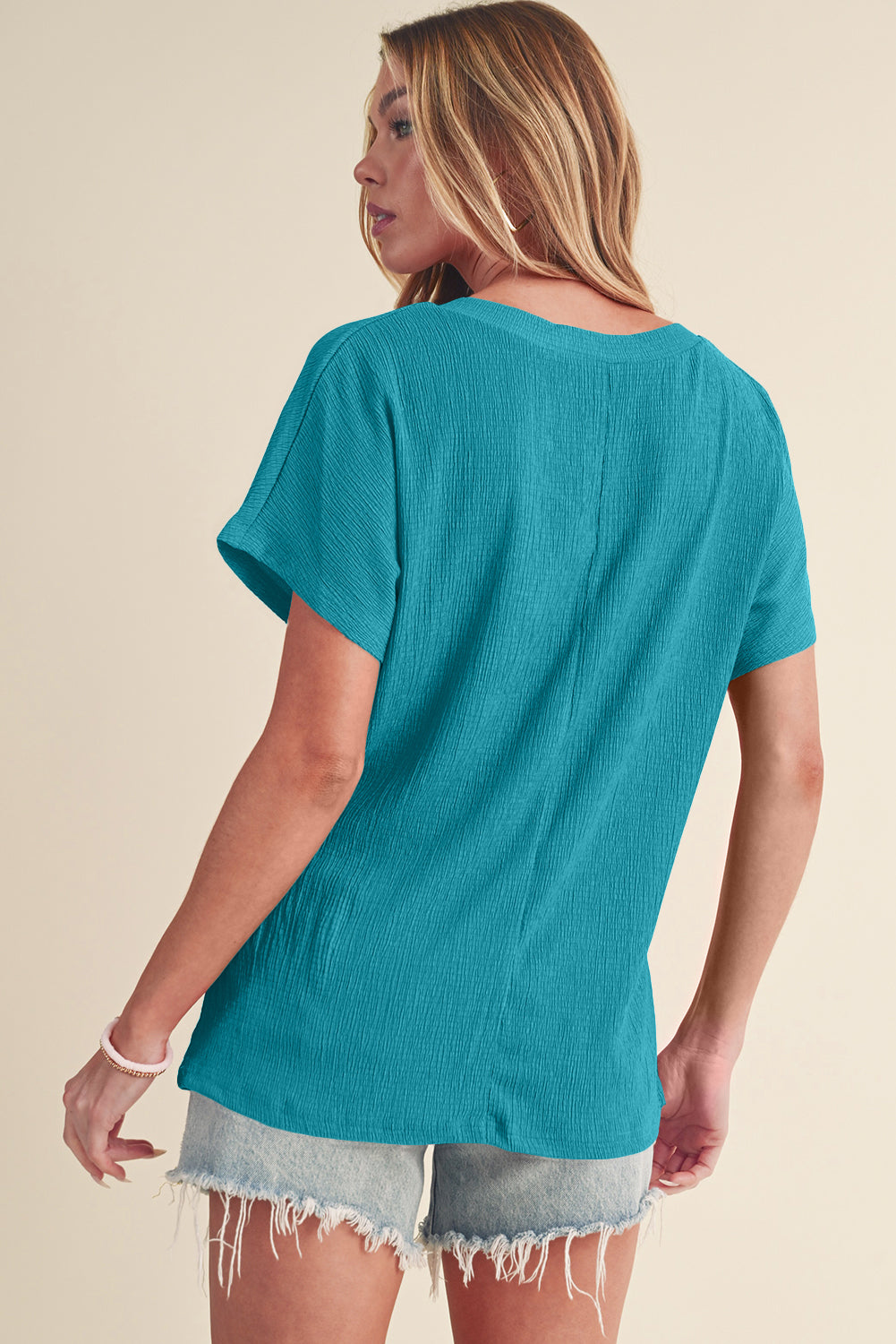 Blue Plain Crinkled V Neck Flounce Sleeve T Shirt