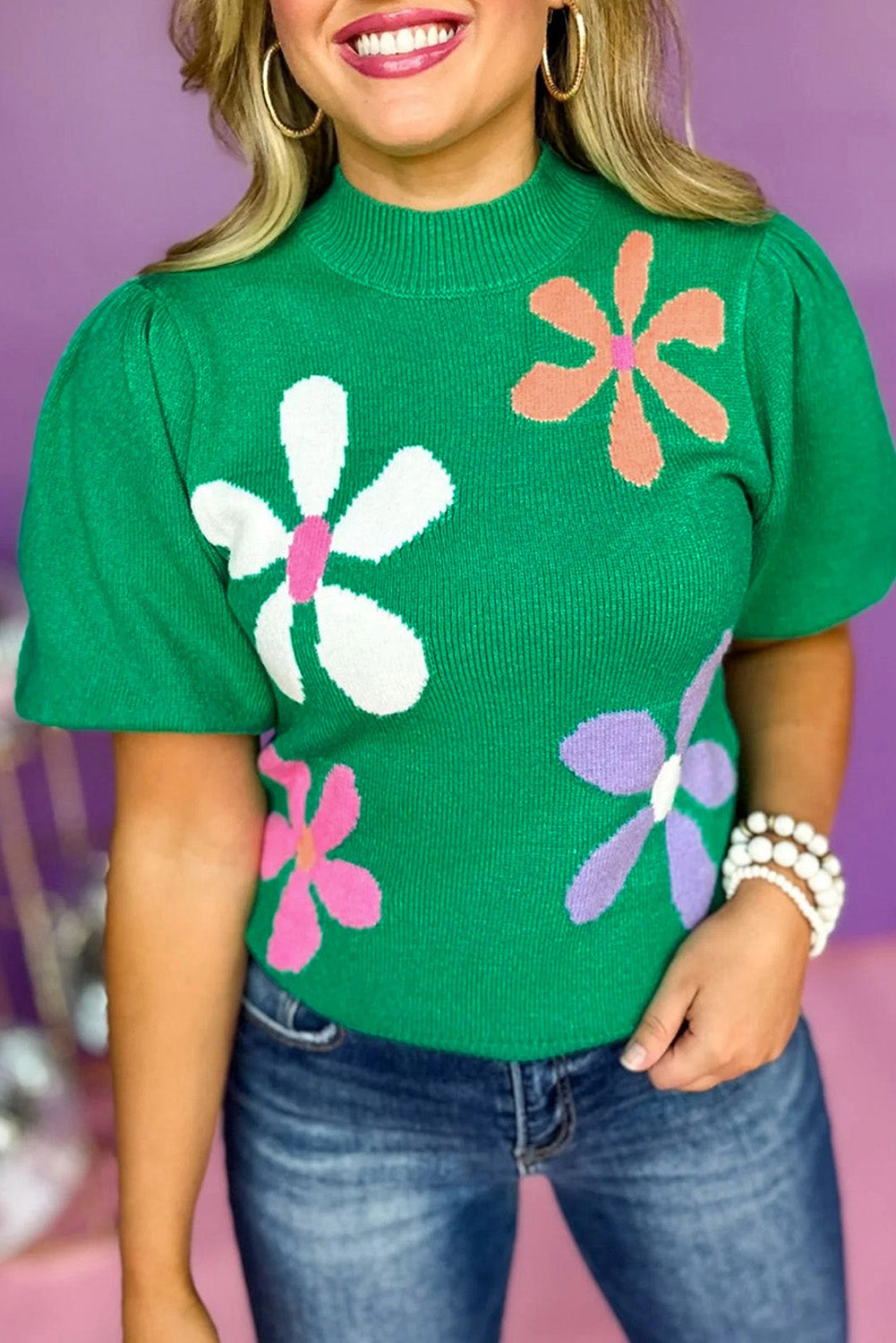 Bright Pink Floral Print Bubble Short Sleeve Knitted Top