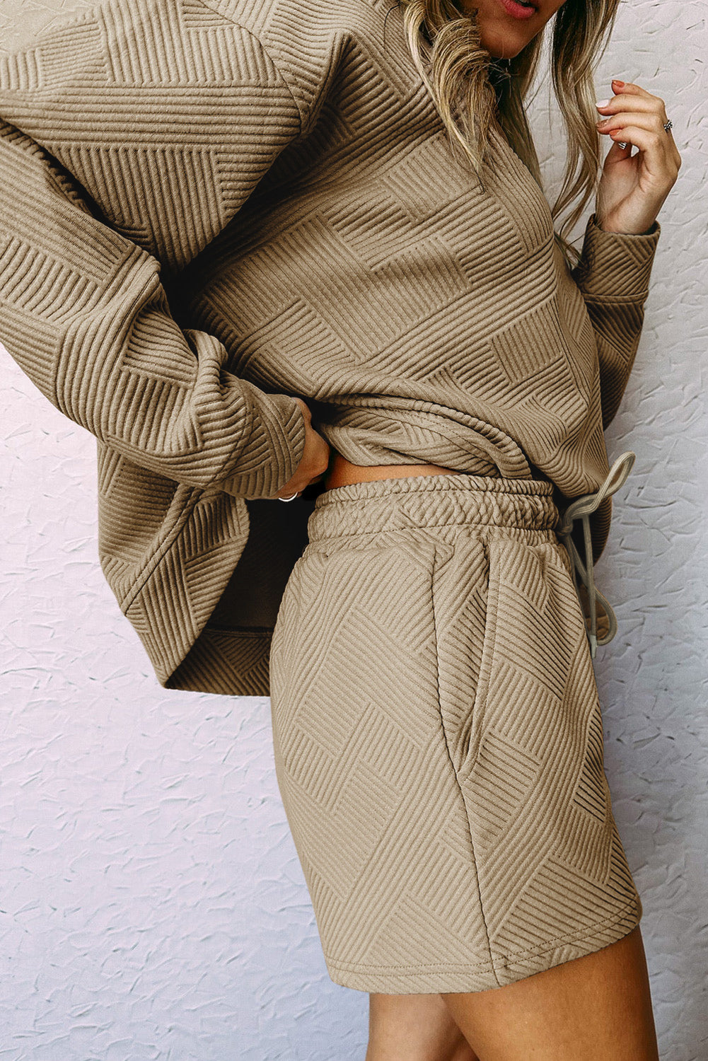 Apricot khaki Textured Long Sleeve Top & Drawstring Shorts Set