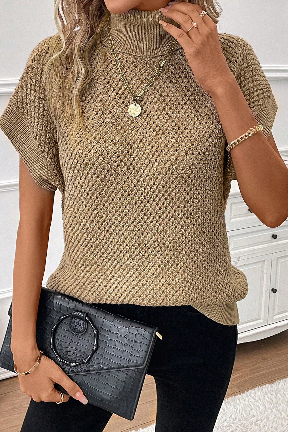 Light Grey Turtleneck Knitted Texture Short Sleeve Sweater