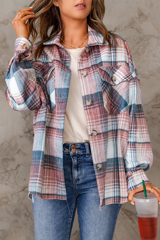 Pink & Grey Plaid Button Up Collared Flannel Shirt