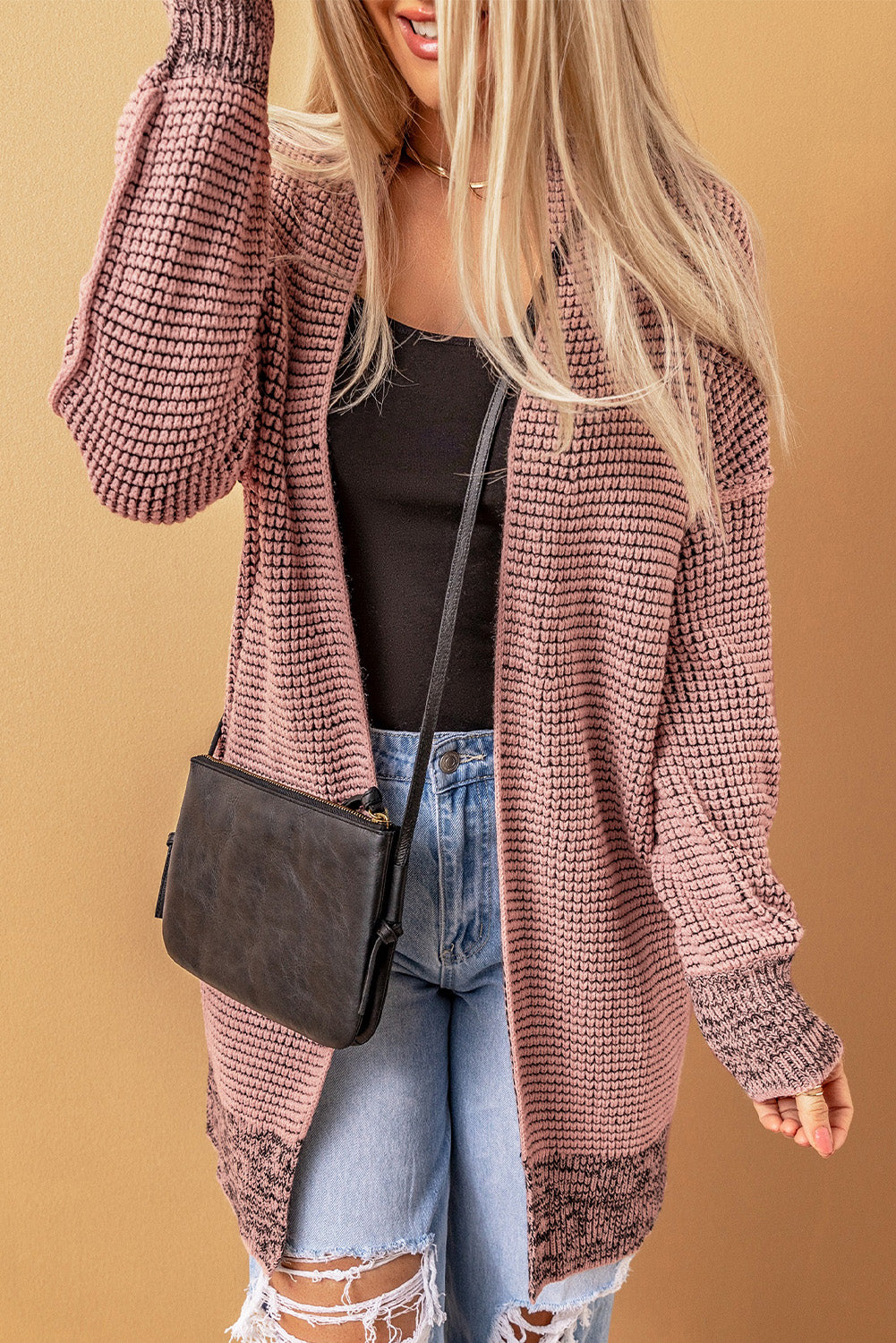 Pink Plaid Contrast Trim Casual Knit Long Cardigan