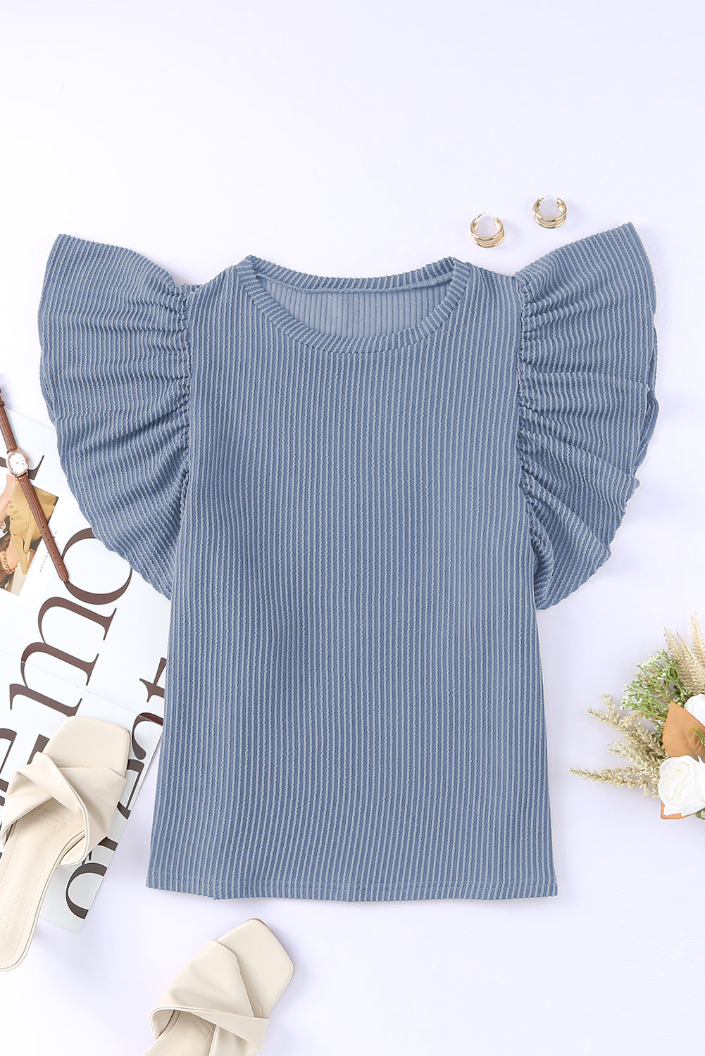 Casual Ruffle Sleeve Round Neck Top