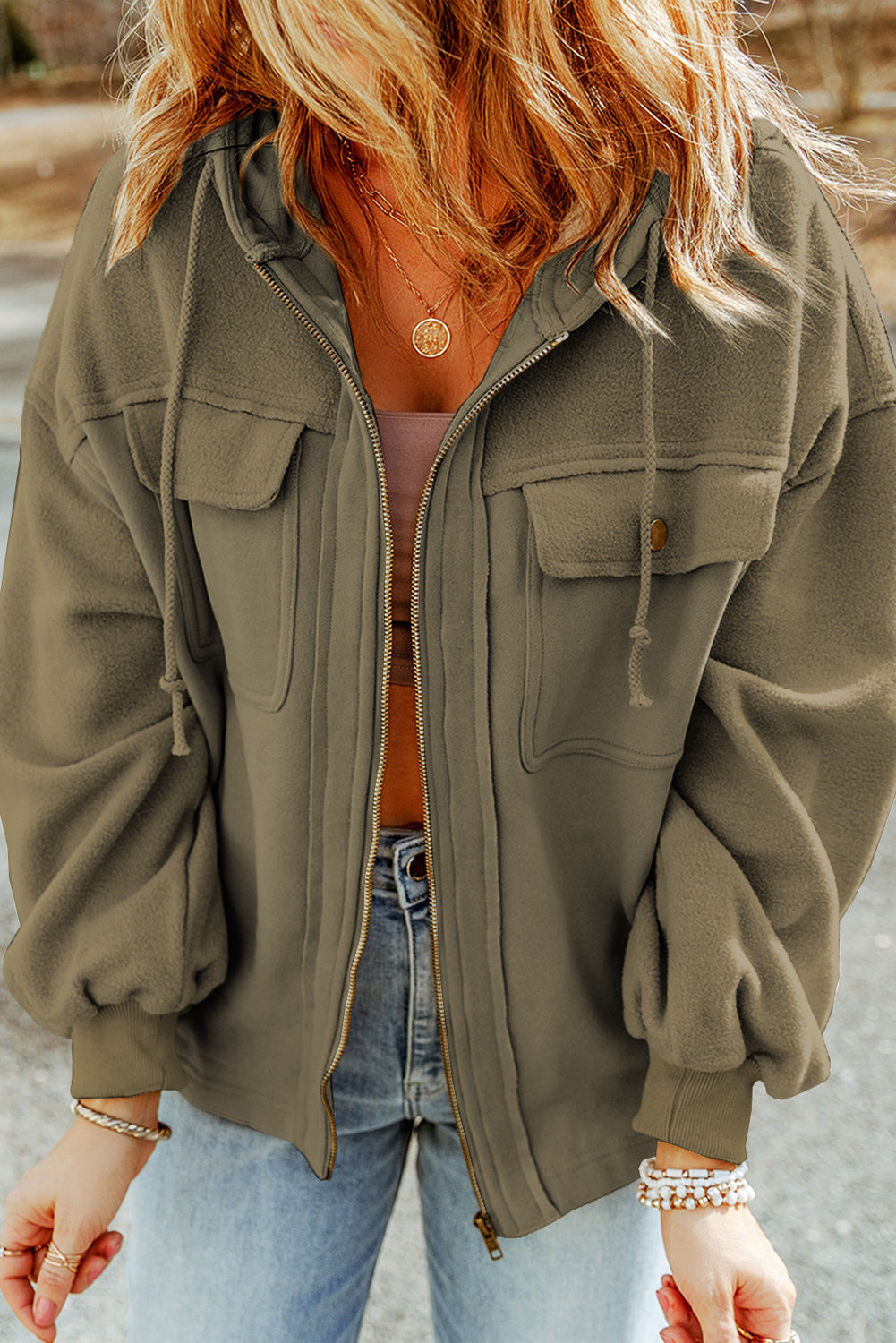 Apricot Bishop Sleeve Zip Up Hoodie Jacket with Flap Pockets