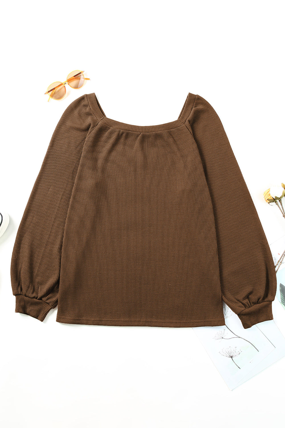 Waffle Texture Casual Square Neck Pullover Top