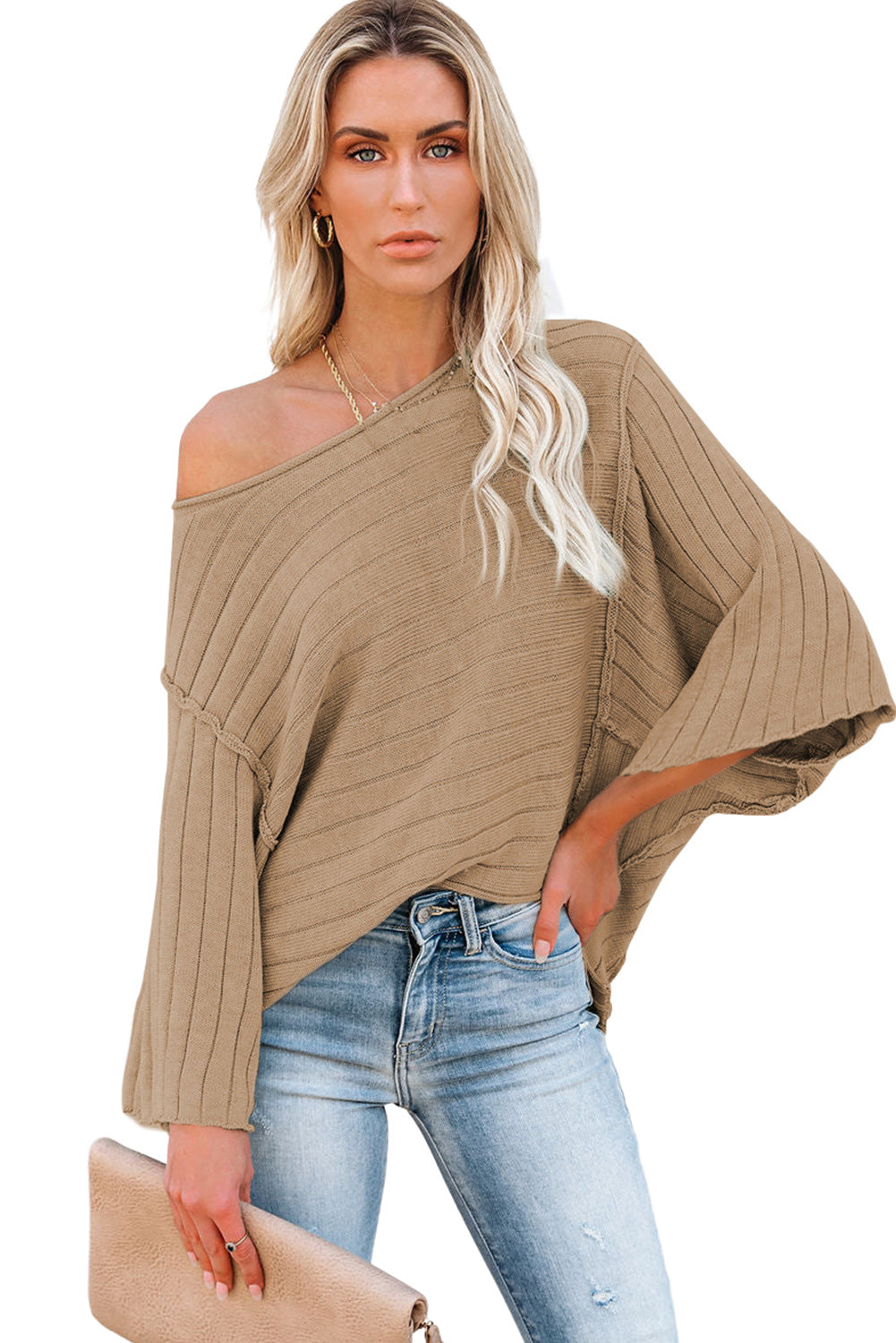 Green Ribbed Knit Bracelet Sleeve Dolman Sweater