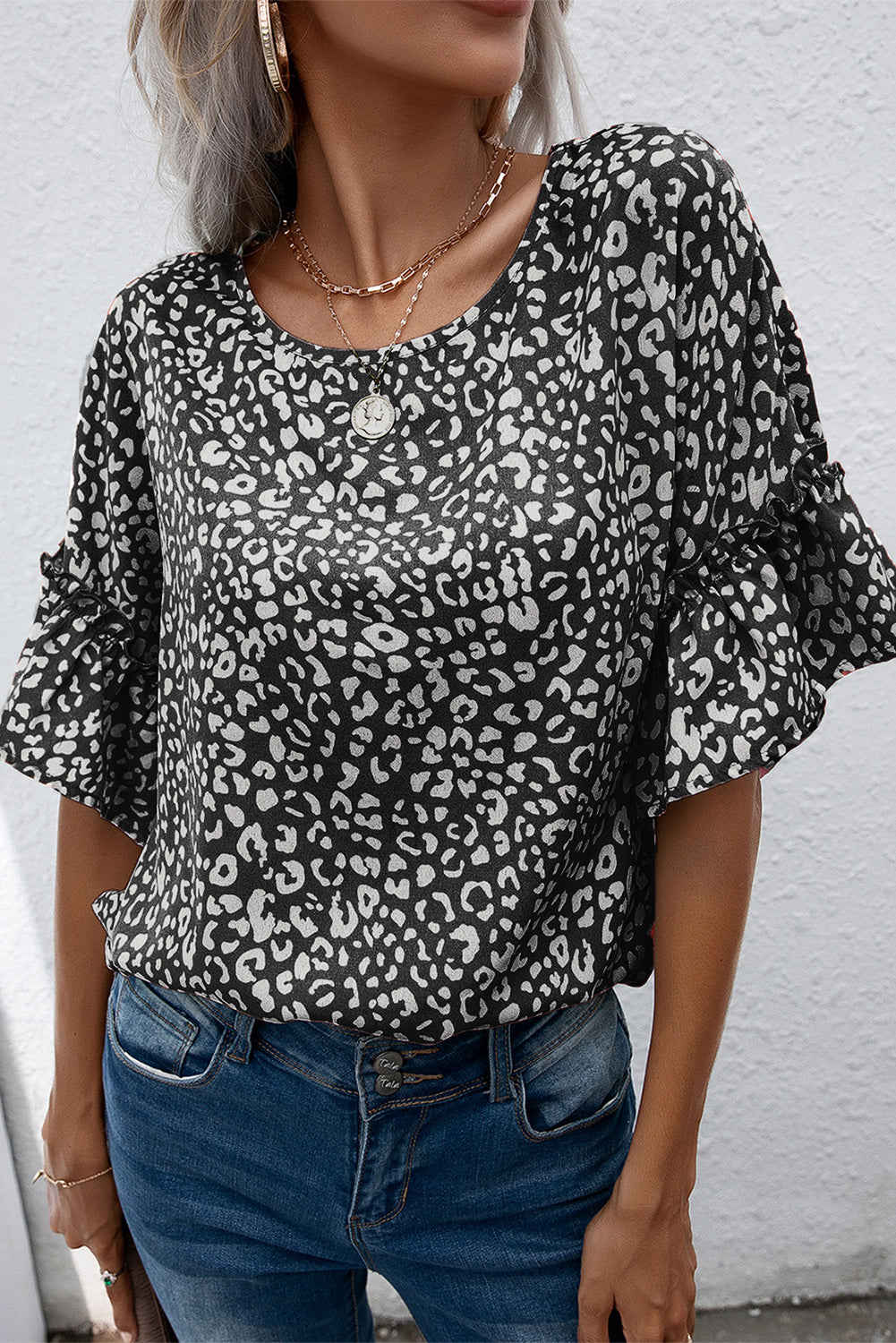 Leopard Print Casual Flounce Sleeve Blouse for Women