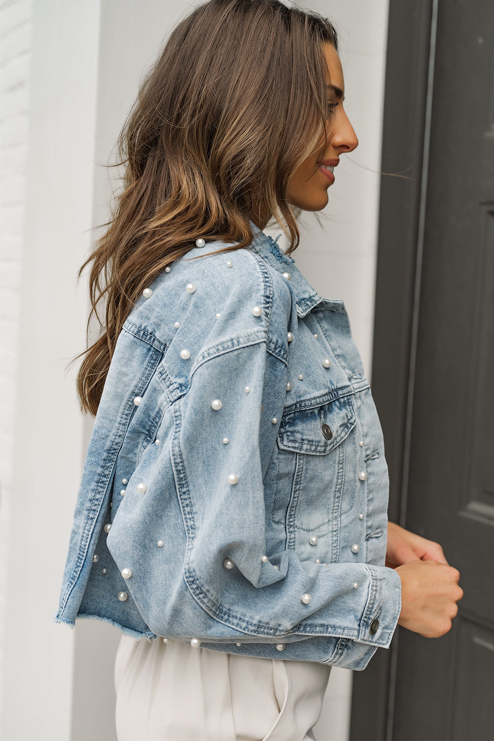 Sky Blue Pearls Beading Cropped Denim Jacket