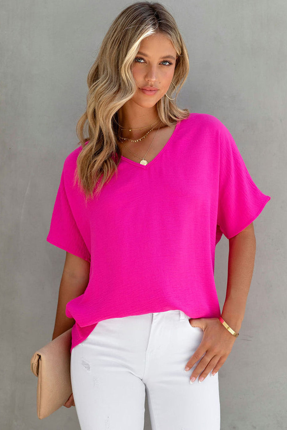 Solid Color V Neck Short Sleeve Blouse