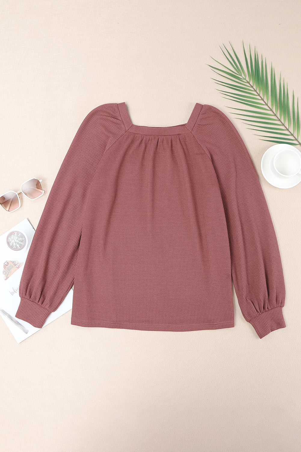 Waffle Texture Casual Square Neck Pullover Top