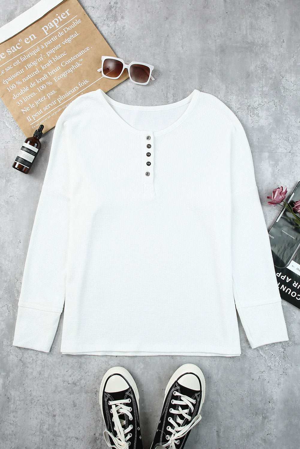 Casual Waffle Button Front Knit Henley Top