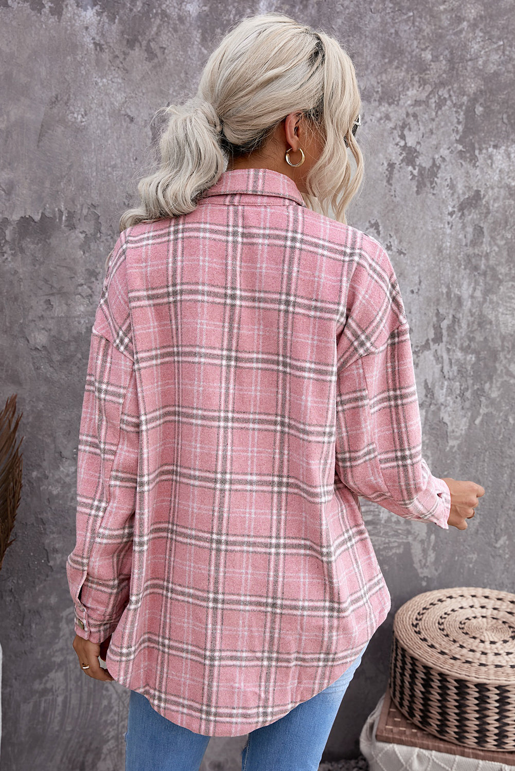 Black Casual Plaid Pattern Buttoned Shirt Shacket with Slit