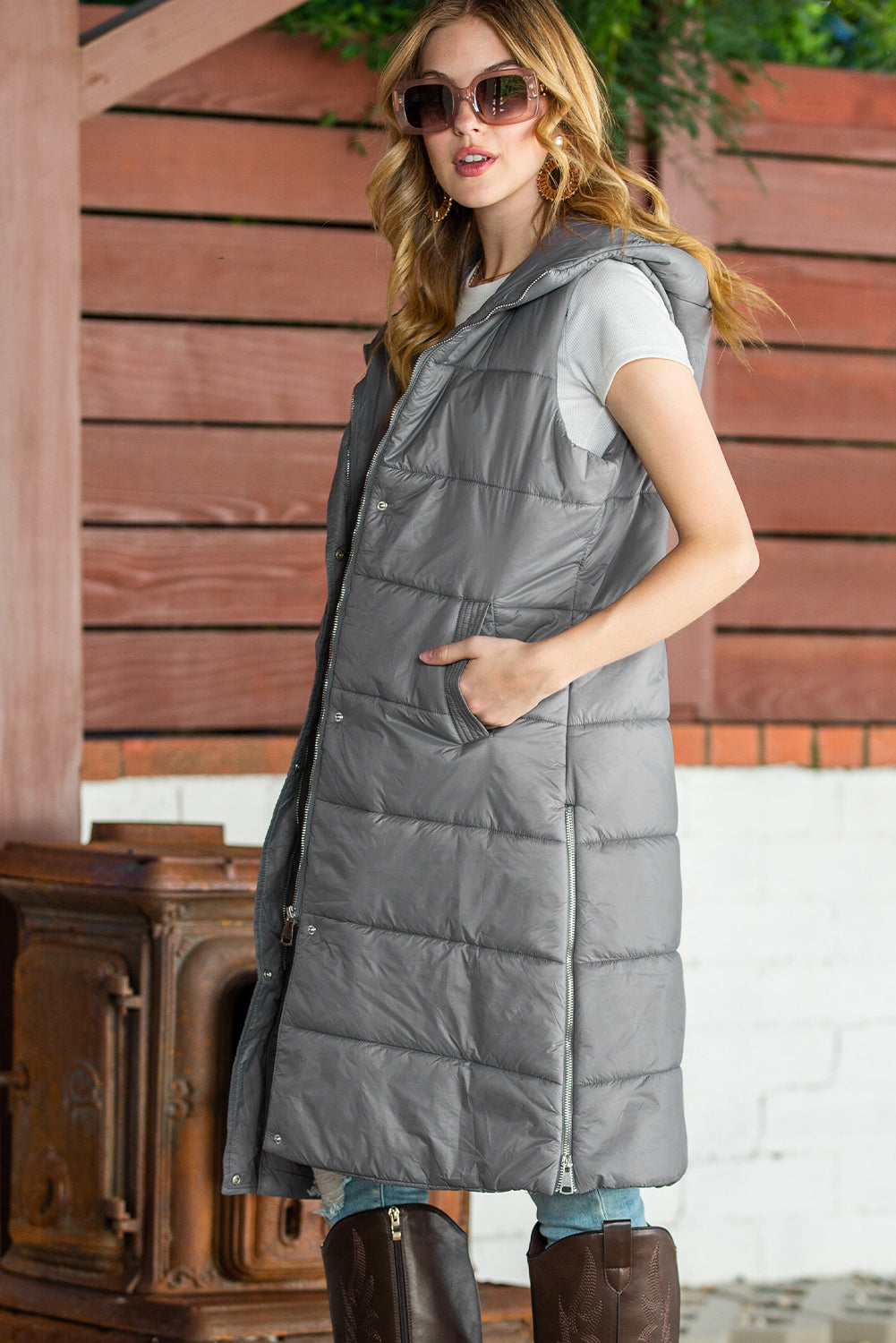 Black Hooded Pocketed Quilted Long Vest Coat