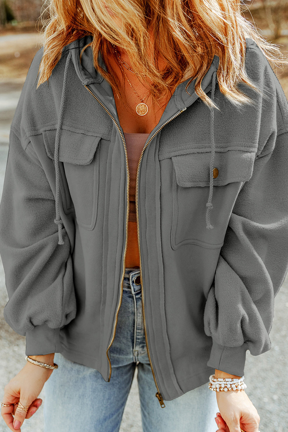 Apricot Bishop Sleeve Zip Up Hoodie Jacket with Flap Pockets