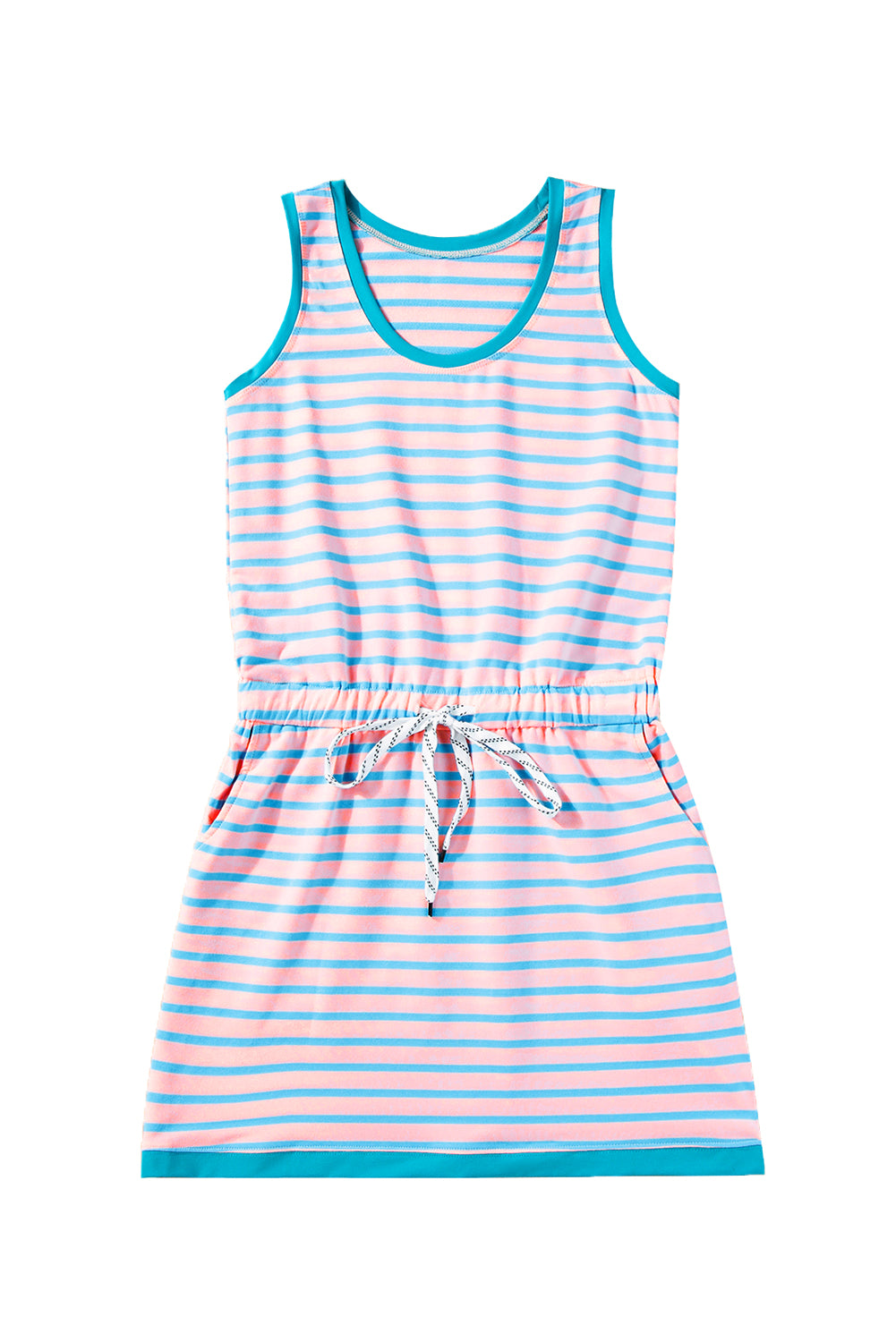 Pink Stripe Contrast Trim Pocket Drawstring Tank Dress