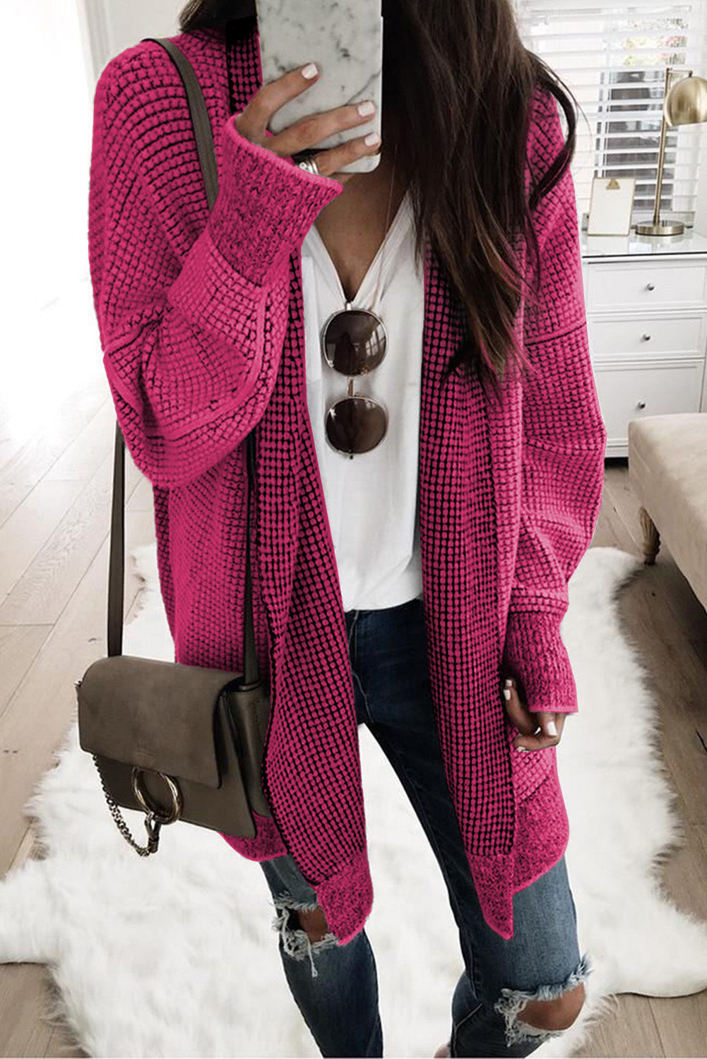 Pink Plaid Contrast Trim Casual Knit Long Cardigan