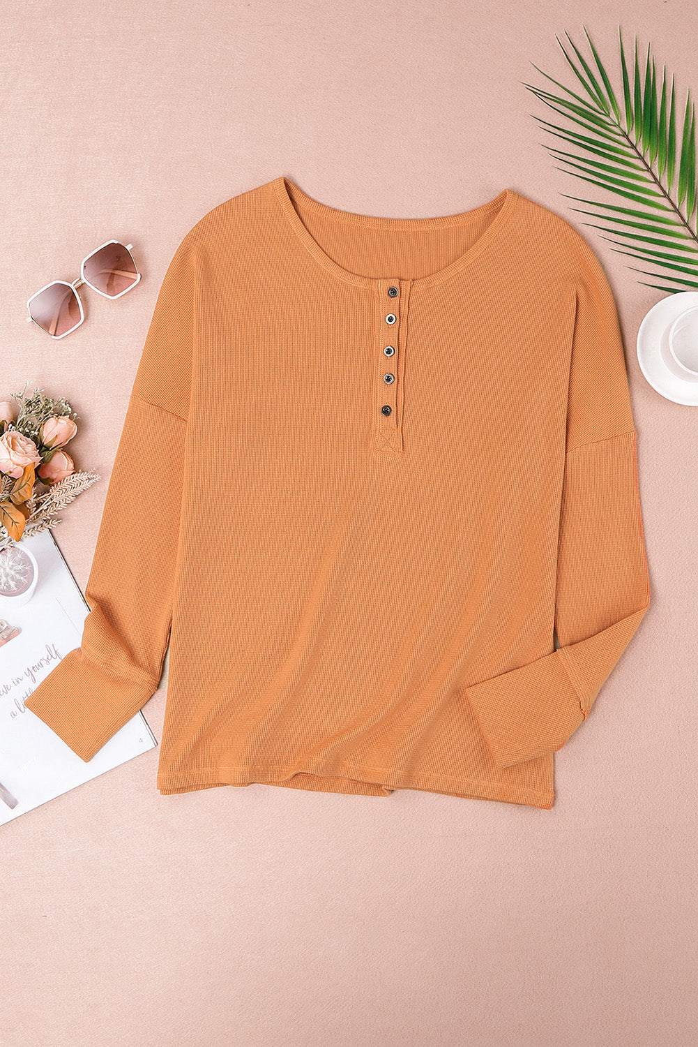 Casual Waffle Button Front Knit Henley Top