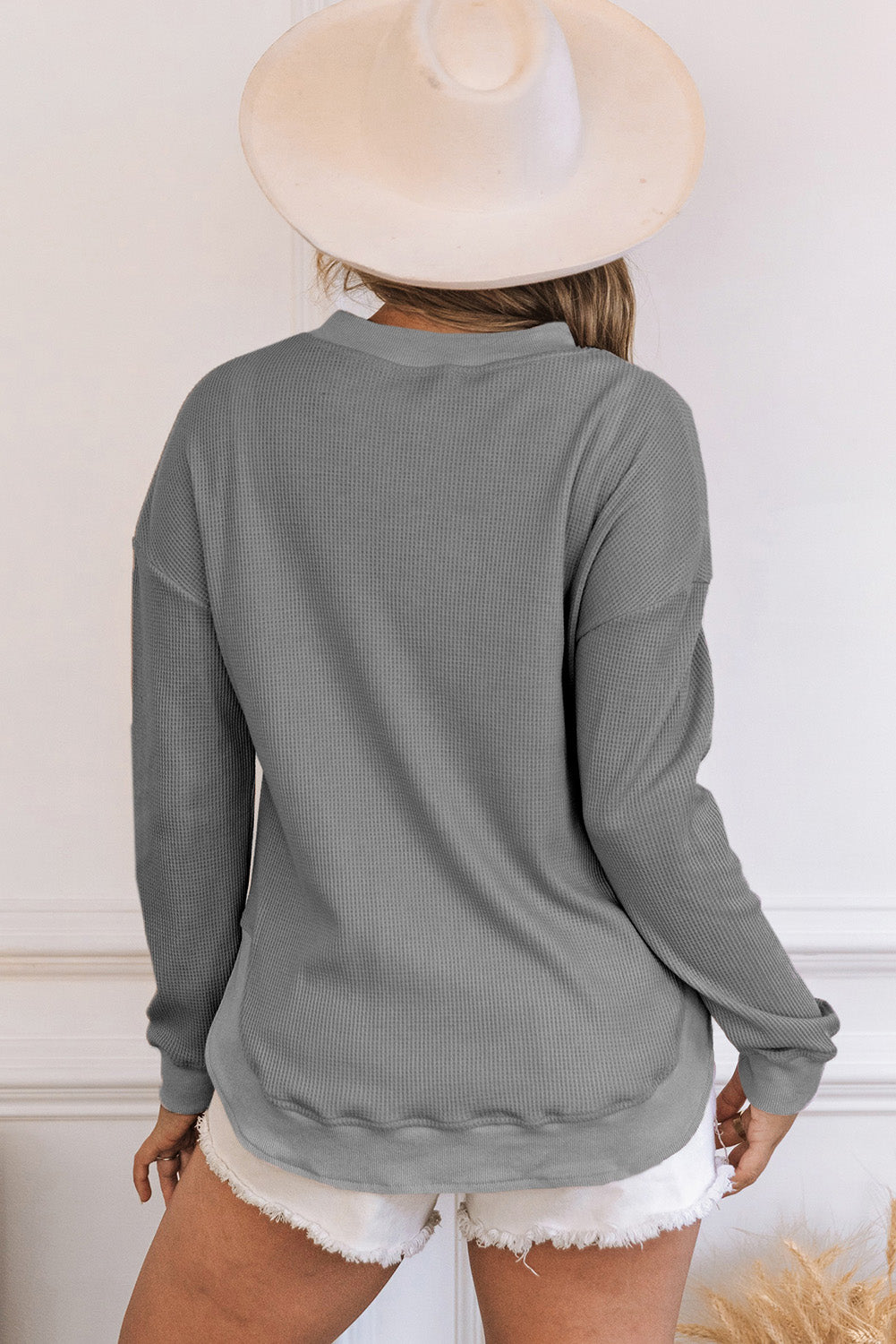 Apricot Crew Neck Ribbed Trim Waffle Knit Long Sleeve Top