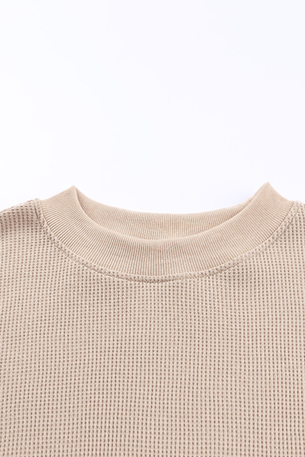 Apricot Crew Neck Ribbed Trim Waffle Knit Long Sleeve Top