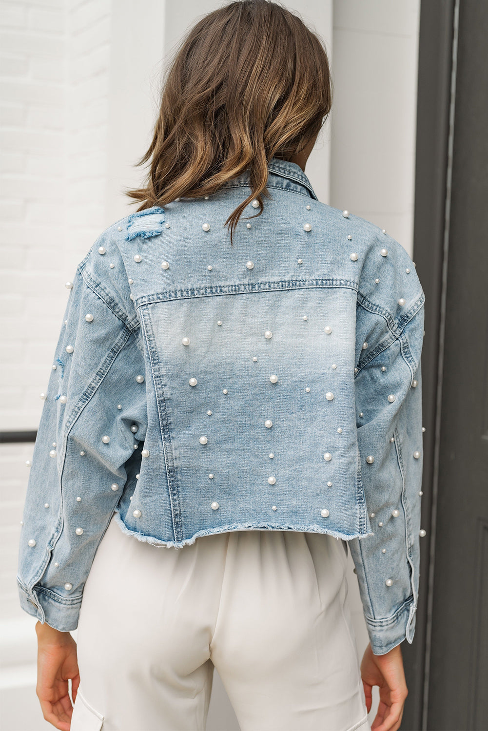 Sky Blue Pearls Beading Cropped Denim Jacket