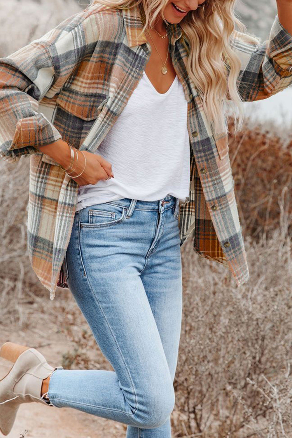 Pink & Grey Plaid Button Up Collared Flannel Shirt