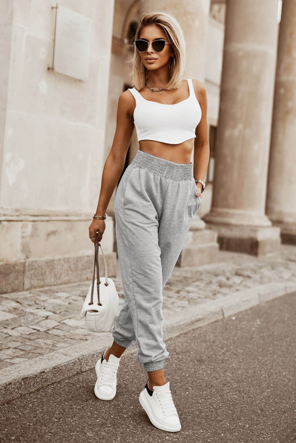 Grey Smocked Casual High Waist Pocket Jogger Pants