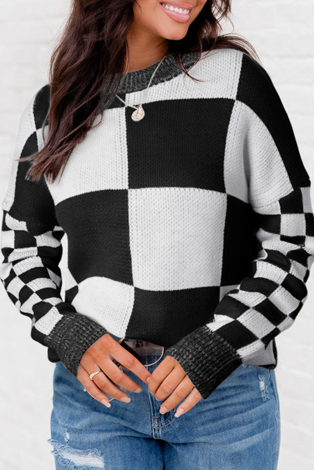 Black Plaid Knitted Drop Shoulder Sweater