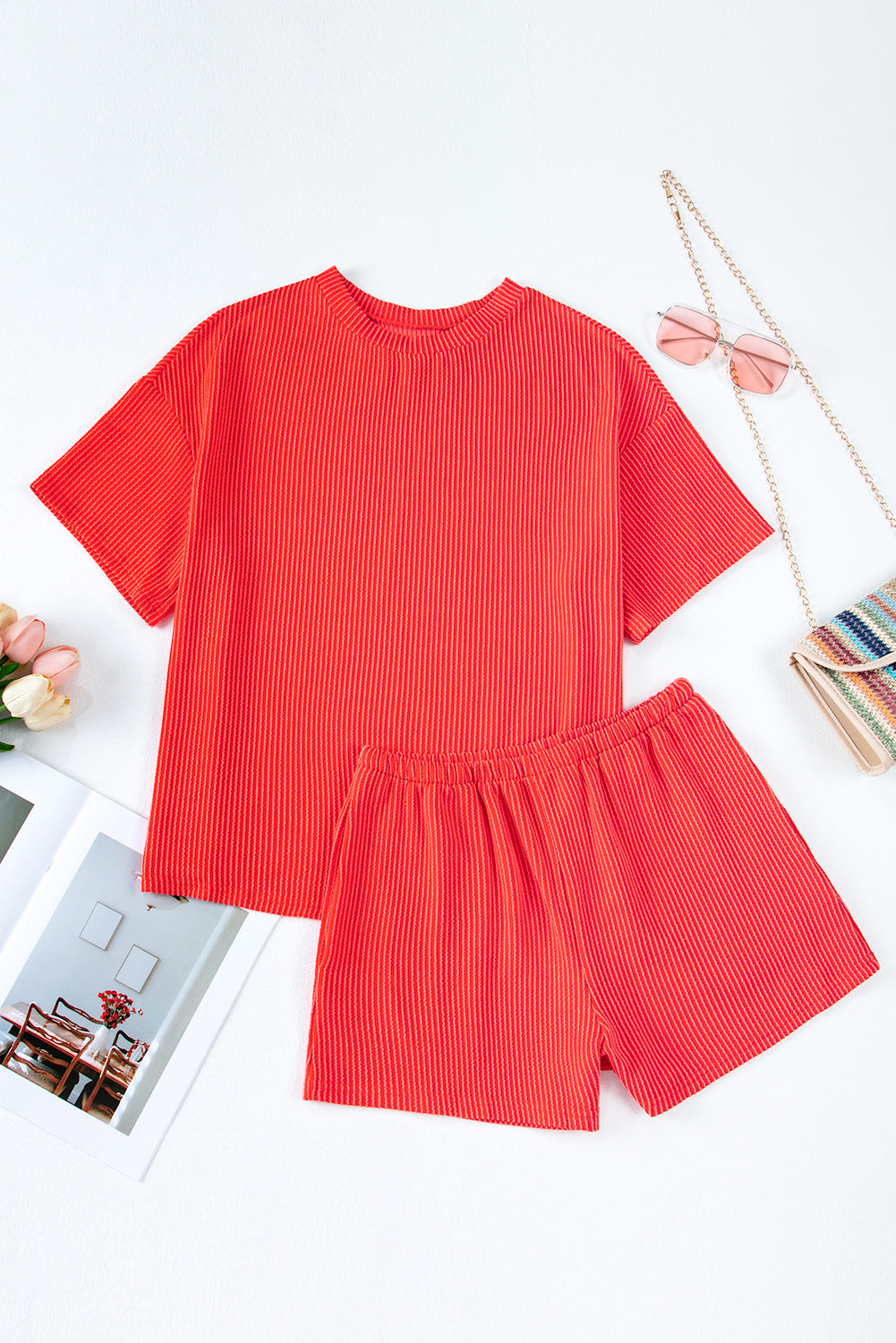 Orange Ribbed Textured Loose Fit Tee & Shorts Set