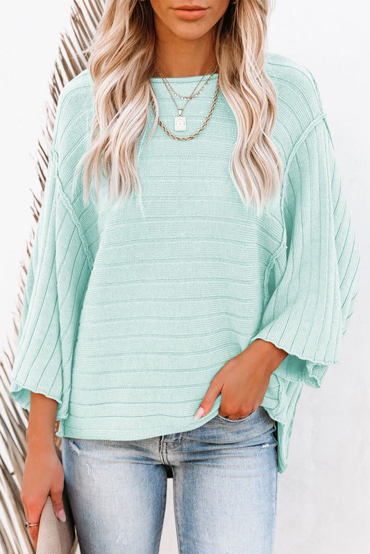 Green Ribbed Knit Bracelet Sleeve Dolman Sweater