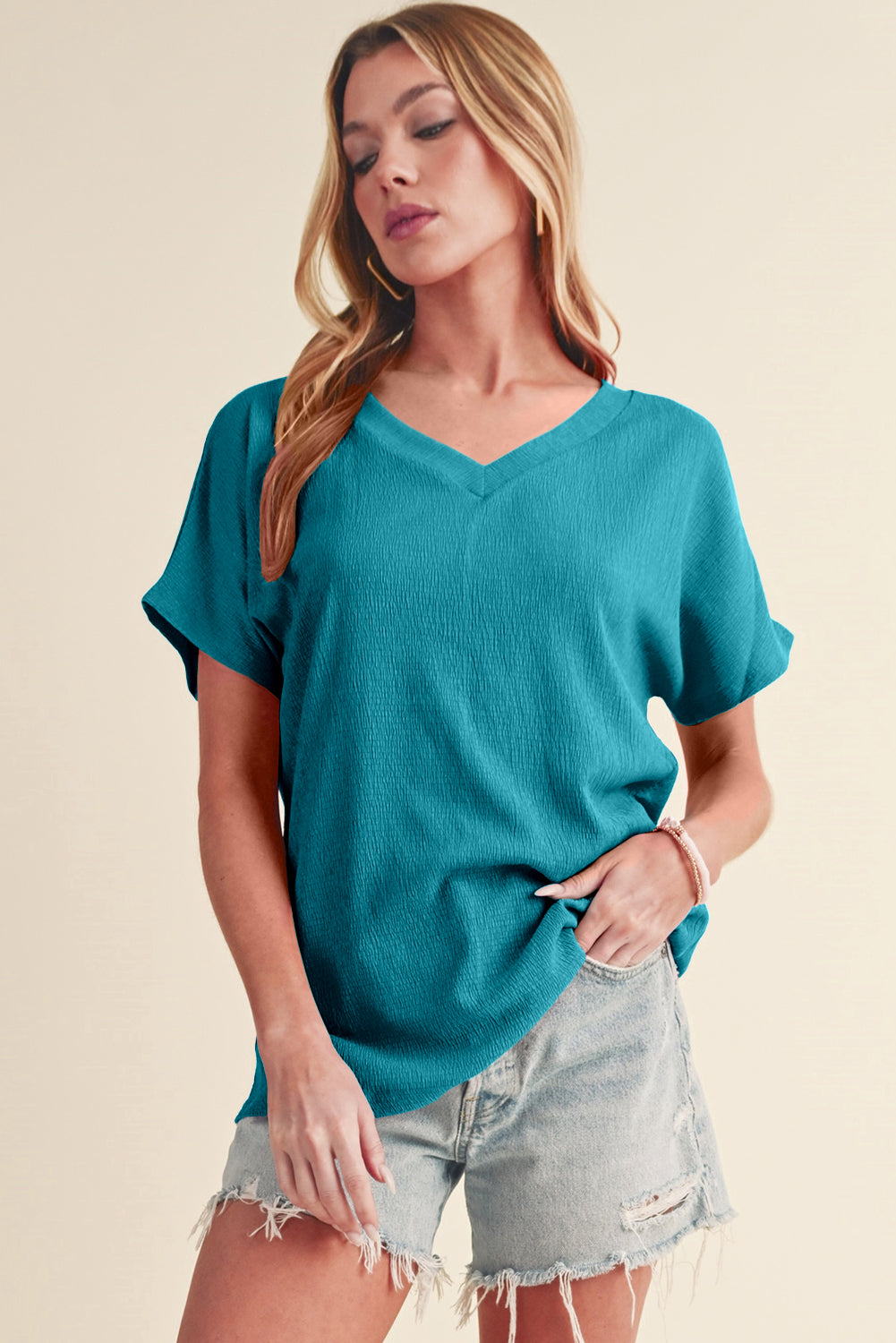 Blue Plain Crinkled V Neck Flounce Sleeve T Shirt