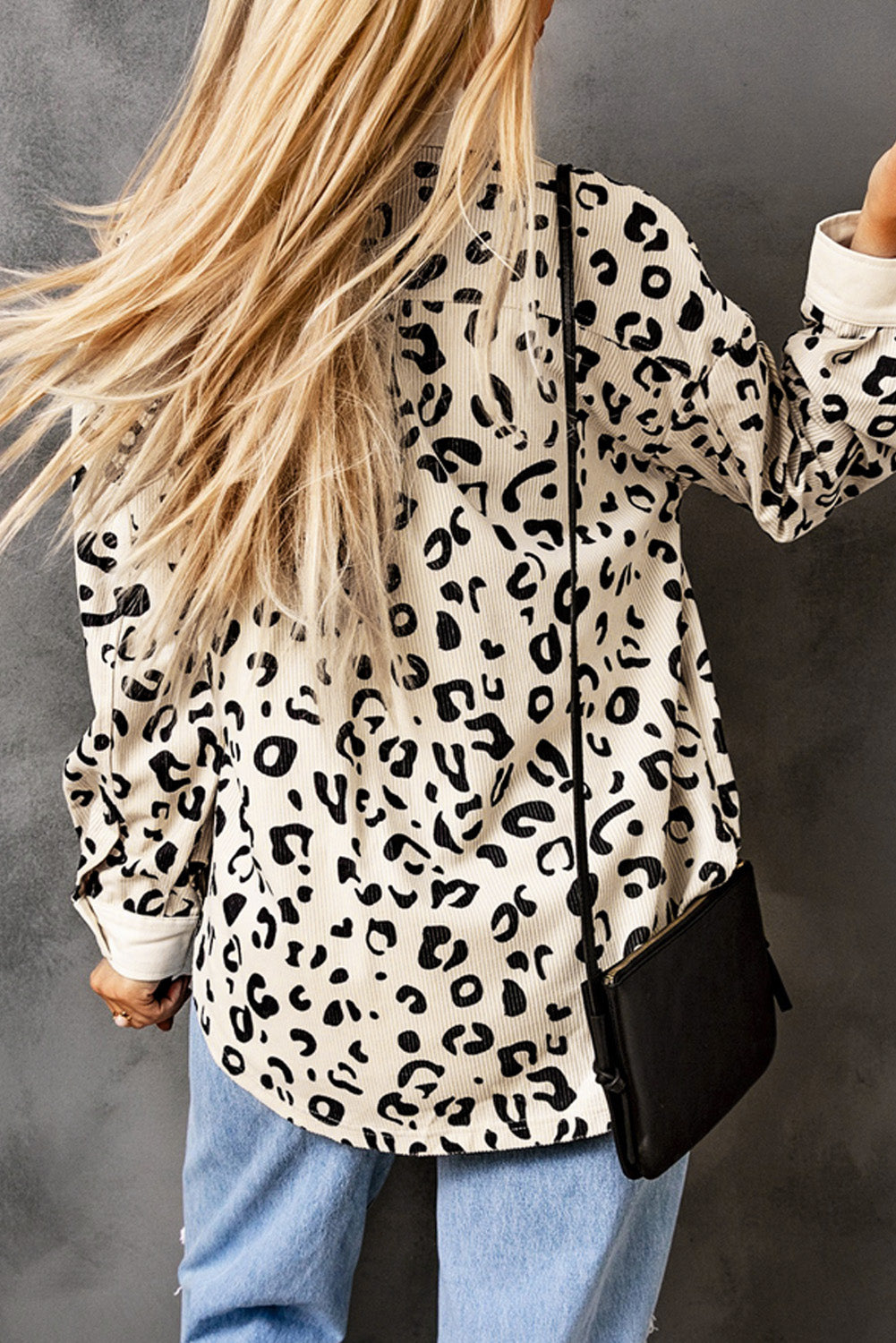 Leopard Collared Neckline Flap Pockets Corduroy Jacket