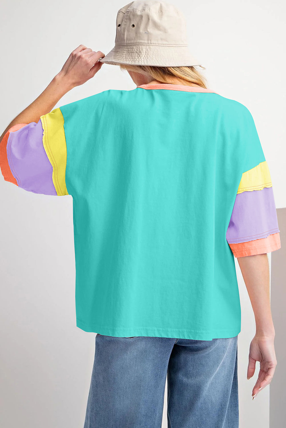 Green Color Block Sleeve Round Neck Oversize Top