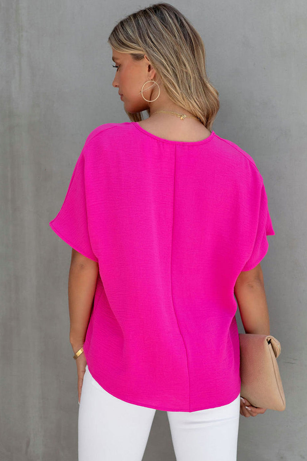 Solid Color V Neck Short Sleeve Blouse