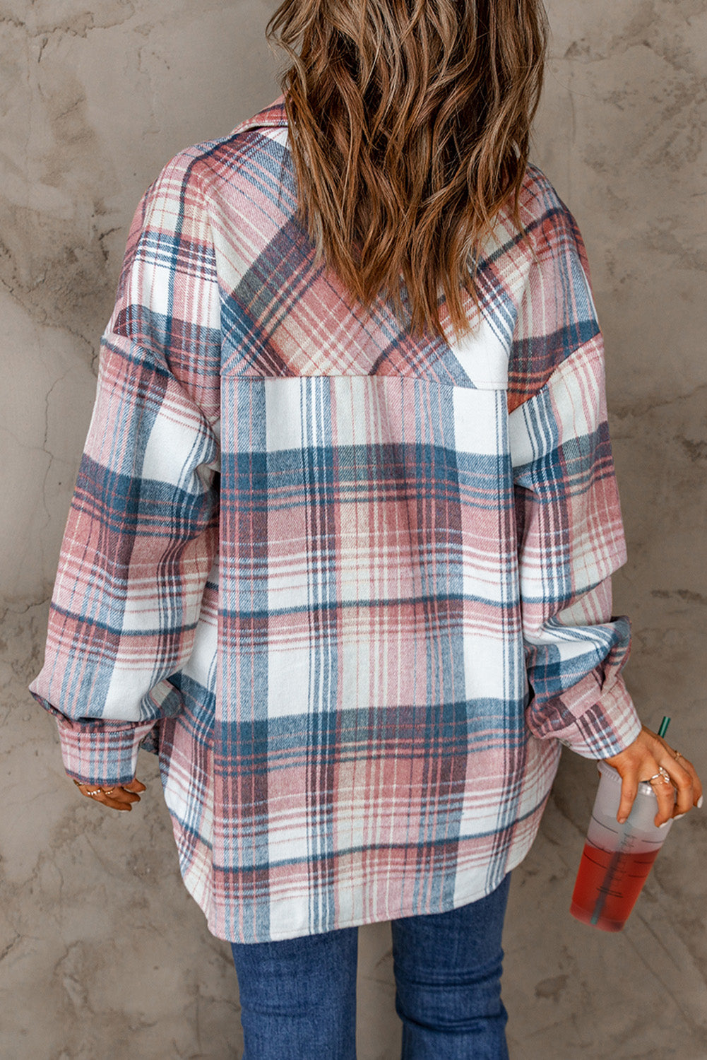 Pink & Grey Plaid Button Up Collared Flannel Shirt