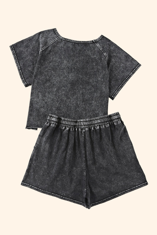 Acid Washed T Shirt & Drawstring Short Loungewear Set