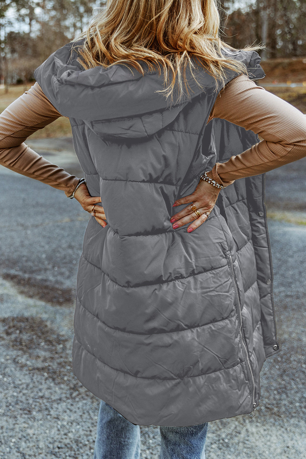 Black Hooded Pocketed Quilted Long Vest Coat