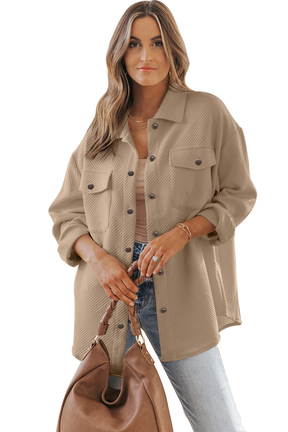 Beige Solid Textured Flap Pocket Buttoned Shacket