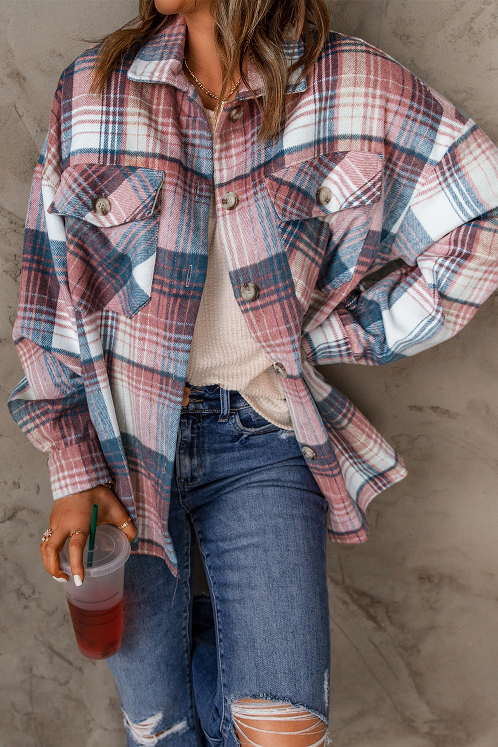 Pink & Grey Plaid Button Up Collared Flannel Shirt